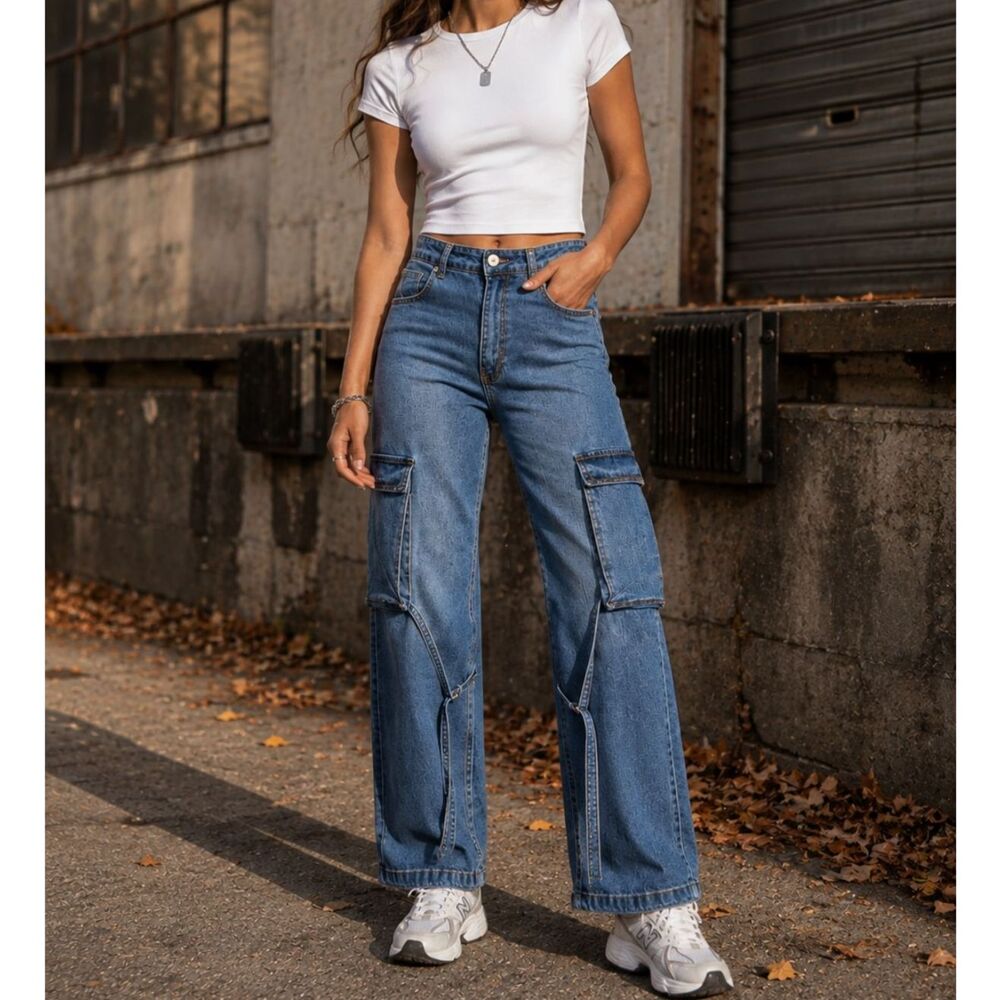 TRTR Y2K High Rise Wide Leg Cargo Jeans Utility Strap Denim Women's 14